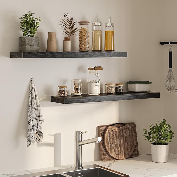 Floating Shelves for Wall, 40" W x 8" D x 1.5" H, Wooden Wall Mounted Display Shelves with Invisible Brackets for Living Room, Bedroom, Bathroom, Kitchen Decor and Storage, Set of 2, Black-Ruum Studio Home