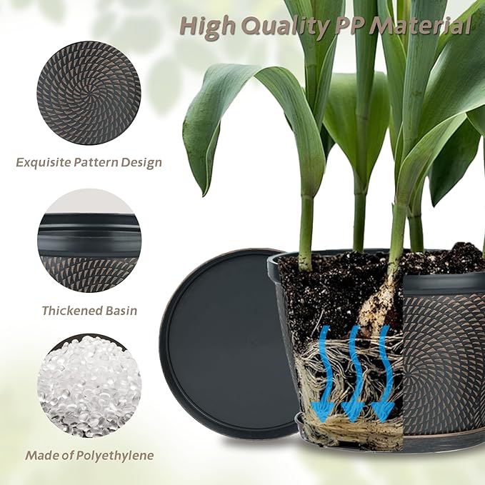 Quarut 4 Pack 8 Inch Flower Pots for Outdoor Indoor, Plastic Plant Pots with Drainage Hole & Saucer, Lightweight Small Flower Pot, Circle Pattern Planters for Garden House planters（Black Copper）-Ruum Studio Home