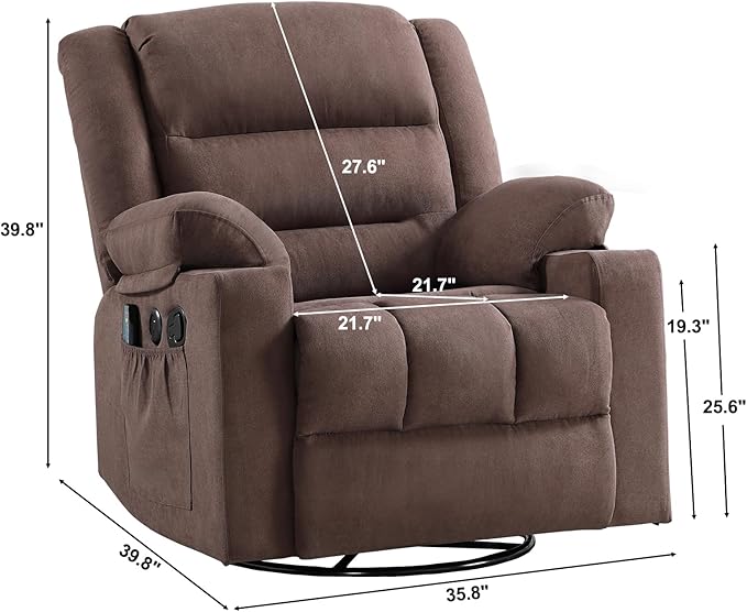Rocker Recliner Chair with Heat and Massage, 360° Swivel Recliner Chairs for Adults, Heavy Duty Reclining Sofa Chair with USB Port Cup Holders Side Pockets for Living Room (Brown)-Ruum Studio Home