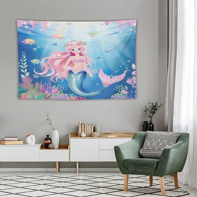 HZOHNAGO Mermaid Girls Tapestry Watercolor Mermaid Princess Pattern Printed Wall Tapestry Wall Hanging for Bedroom Living Room Dorm 90" W x 60" H-Ruum Studio Home