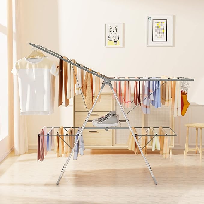 Bigzzia Clothes Drying Rack Foldable, 2-Level Large Laundry Drying Rack Collapsible, Stainless Steel Drying Rack Clothing for Indoor Outdoor, Easy to Fold, 33 Drying Rails, 142cm, Gray-Ruum Studio Home
