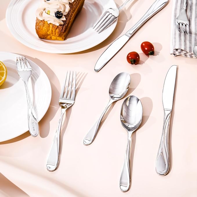 HIKAA Wave Design Silverware Set Service for 12, 60-Piece Artistic Stainless Steel Flatware Set with Fibonacci Pattern, Heavy Duty Mirror Polished Cutlery Set-Ruum Studio Home