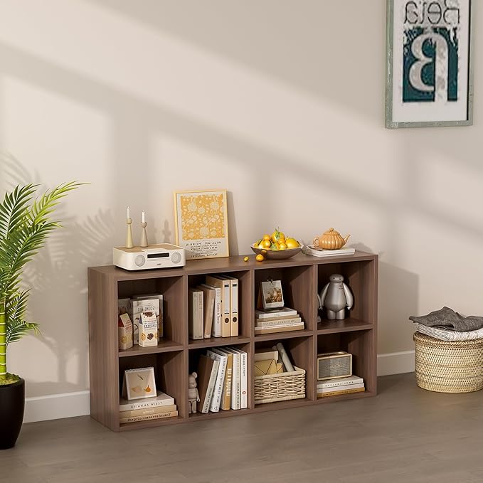 8-Cube Storage Shelf Bookcase - Wooden 4-Tier Floor Standing Open Bookshelf for Home and Office, Cuby Orgainzer, Walnut-Ruum Studio Home