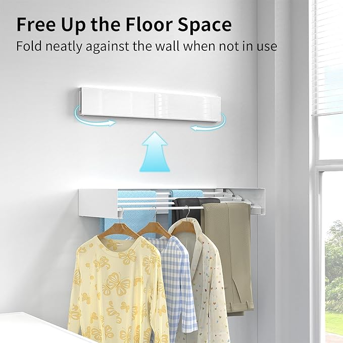 Wall Mounted Drying Rack for Laundry 23.6'', Folding Drying Rack Clothing Wall Mount with 4 Rods, Space Saving for Indoor Outdoor Bathroom Balcony (White, 23.6'')-Ruum Studio Home