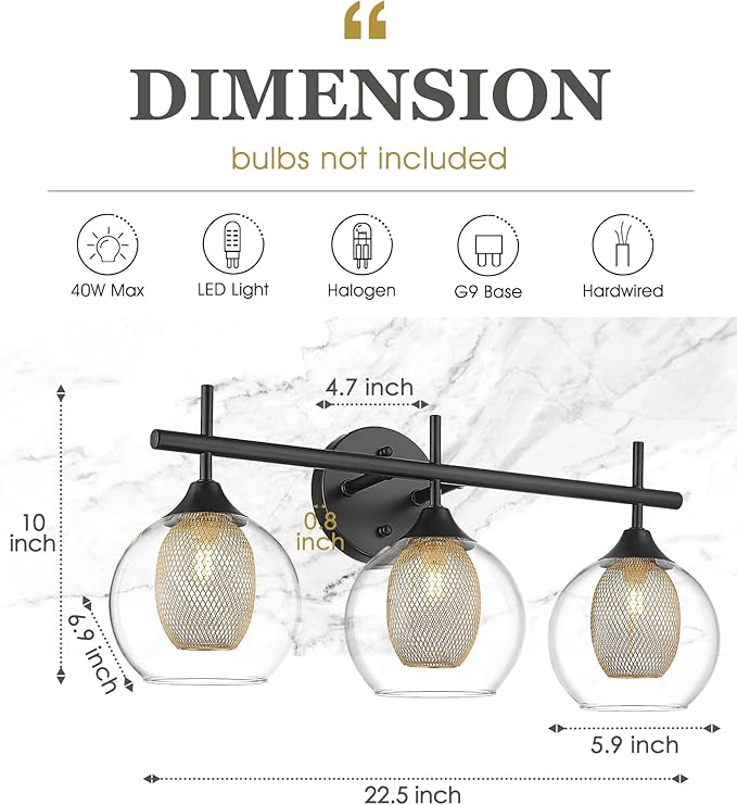 Bathroom Light Fixtures, 3-Light Black and Gold Vanity Lights Over Mirror, Farmhouse Wall Sconce Lighting with Clear Glass and Honeycomb Metal Shade, AD-22001-3W-BK-Ruum Studio Home