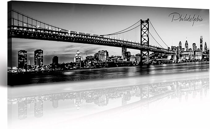 DJSYLIFE- Philadelphia Skyline Wall Art,Black and White Stretched Canvas Wall Art Prints for Bedroom or Office Decoration, Ready to Hang 13.8"x47.3"-Ruum Studio Home