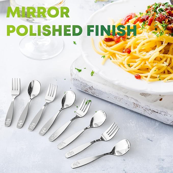 8 Pieces Toddler Utensils, Kids Stainless Steel Silverware Set - 4pcs Forks and 4pcs Spoon, Cute Children Flatware Sets with Mirror Polished, Self Feeding Safe, Dishwasher Safe-Ruum Studio Home