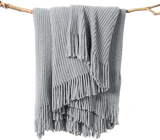 lifein Throw Blanket for Couch, Soft Boho Decor Bed Throw,Cozy Grey Knitted Chenille Small Farmhouse Lightweight Throw for Spring(Light Grey,50 * 60")-Ruum Studio Home