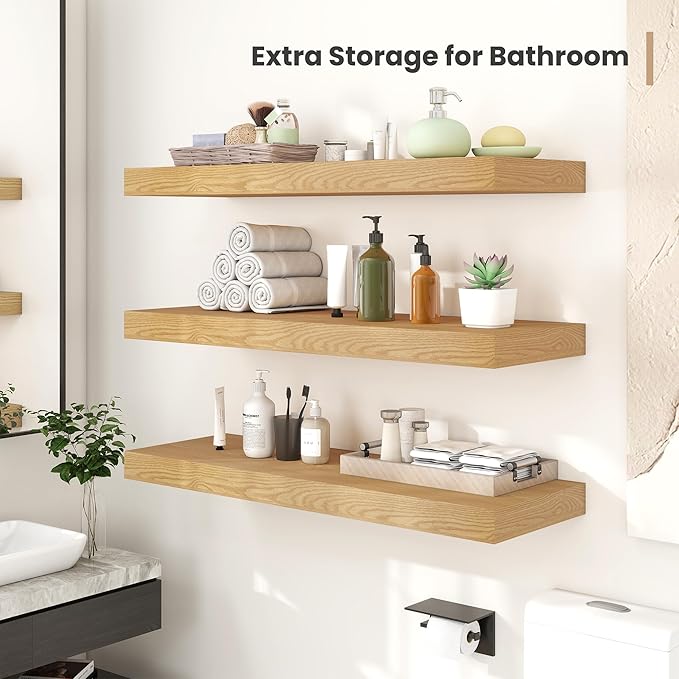 Heimlove 12 Inch Deep Floating Shelves, 48 x 12 inches Long Wall Shelf, Large Display Shelf & Storage Shelf, Rustic Wood Wall Shelves for Fireplace Mantel, Set of 2(Oak)-Ruum Studio Home