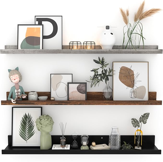 Giftgarden 36 Inch Multi Colors Floating Shelves for Wall Mount, Assorted Colors Wood Wall Shelf Ledge for Bathroom Bedroom Living Room Kitchen Storage, Set of 3 Different Sizes-Ruum Studio Home