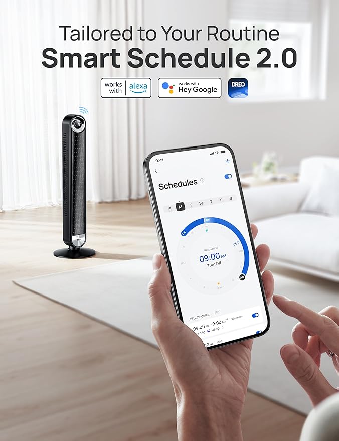 Dreo Tower Fan for Bedroom, 90° Oscillating Standing Floor Fan with 28ft/s Velocity, 25dB Quiet for Sleep, DC Motor, 9 Speeds, 4 Modes, 12H Timer, Voice & APP & Remote Control, 42" Cruiser Pro T2 S-Ruum Studio Home