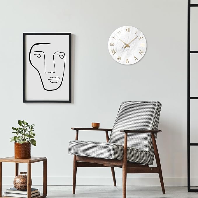 White Marble Large Clocks for Living Room Round Glass Wall Clock Battery Operated 16 Inch Silent Wall Clock Non Ticking-Ruum Studio Home
