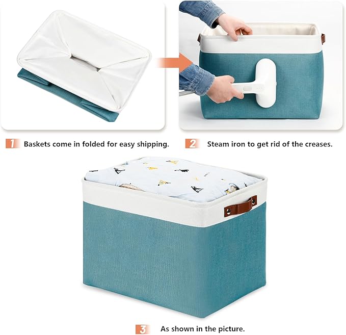 DULLEMELO Large Storage Basket, Collapsible Storage Bins Decorative Storage Baskets for Home Shelves Bedroom, Linen Fabric Basket with Leather Handles for Toys Books Organizing(White&Teal-Ruum Studio Home