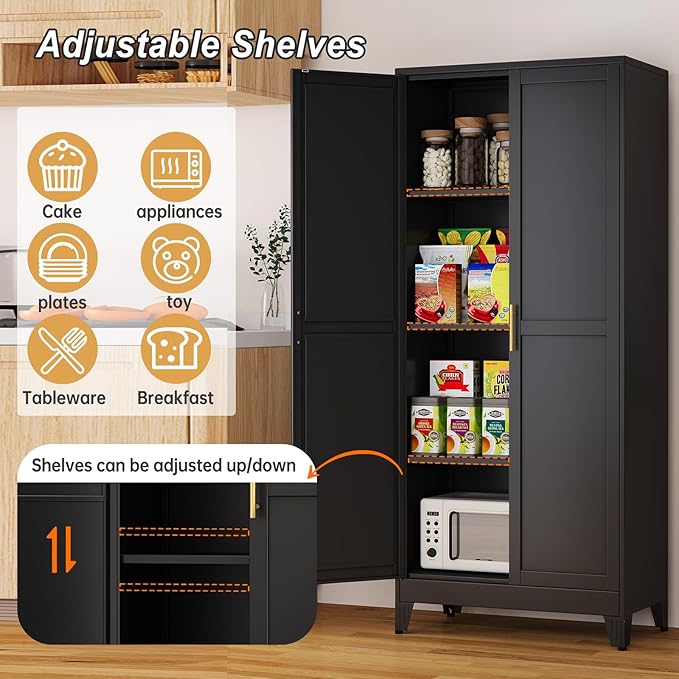 Metal Pantry Cabinet with 2 Doors and Adjustable Shelves, 61"Kitchen Storage Cabinet with Gold Handles, Versatile Storage for Laundry, Living, Bathroom, Dining, Utility Room - Black-Ruum Studio Home
