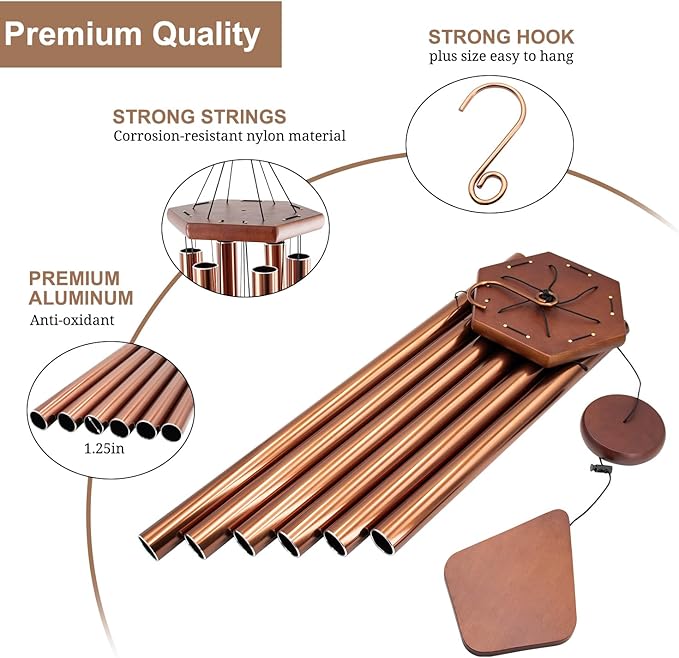 Wind Chimes Outdoor Large Deep Tone, 44 Inches Sympathy Wind Chimes Tuned Soothing Melody, Memorial Wind-Chime with 6 Heavy Tubes for Outside Decoration, Garden/Yard. Copper-Ruum Studio Home
