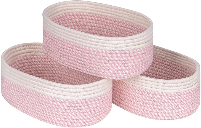 Off White&Mixed Pink Shelf Basket to Store and Organize Household Items/Baskets&Bins for Daily Storage &Organizing/Woven Rope Basket for Bedroom,Playroom/Small Oval-13x8.66x5.11’’,3 Packs-Ruum Studio Home