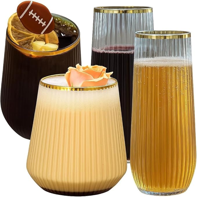 24 Pack Ribbed Origami Ripple Plastic Glasses, 12-9 Ounce Stemless Champagne Flutes & 12-12 Ounce Cups, BPA-Free Disposable Shatterproof Toasting Glasses for Weddings, Bars, and Events (Gold Rim)-Ruum Studio Home