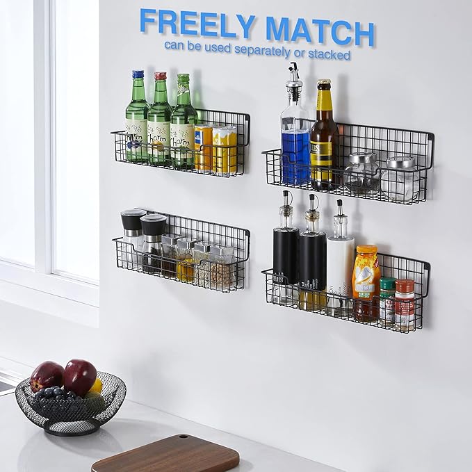 Spice Rack Wall Mount, Spice Organizer for Cabinet & Pantry Door, Set of 4 Hanging Spice Rack Saving Space for Kitchen, Black-Ruum Studio Home