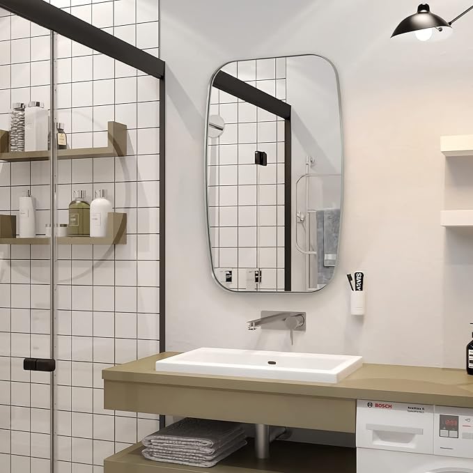 ANDY STAR Brushed Nickel Mirror, 24x32’’ Oval Mirror for Bathroom, Brushed Nickel Oblong Bathroom Mirror for Over Sink, Modern Anti Rust Silver Vanity Mirror-Ruum Studio Home