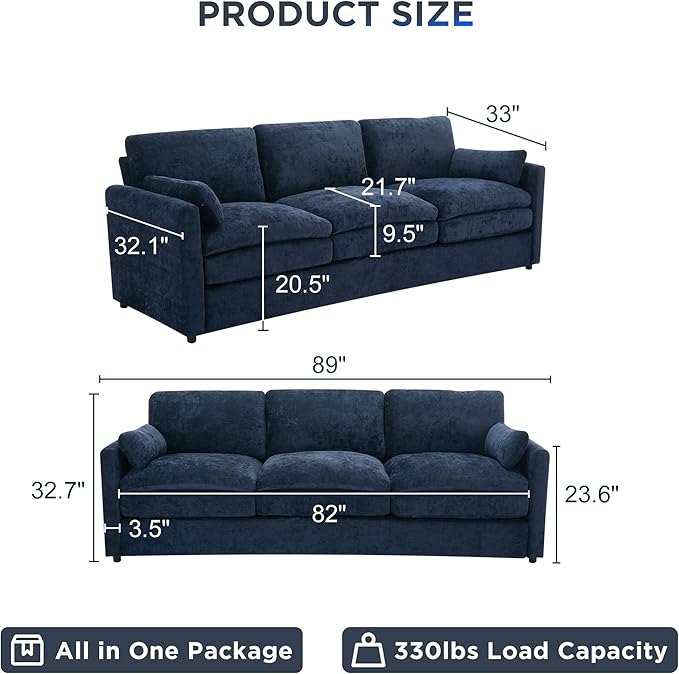 Tbfit Modern Couch Sofa, 89" Cloud Couch w/Pillows, Pocketed Spring Seat, Comfy 3-Seater Plush Foam Cushions, Chenille Fabric Removable Covers, Soft Upholstered Living Room Furniture Home Apartment-Ruum Studio Home