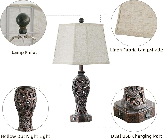 Set of 2 Farmhouse Table Lamps for Living Room, Rustic Vintage Nightstand Lamp with 2 USB Port, Bronze Resin Lamps for Bedroom End Table with Hollow Out Nightlight, 2 Bulbs Included-Ruum Studio Home
