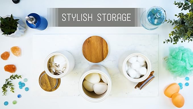 Nat & Jules Lidded Cream 6 inch Ceramic and Wood Kitchen Canisters Set of 3-Ruum Studio Home