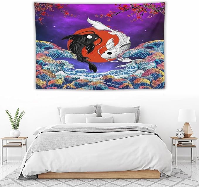 Houselerax Japanese Koi Fish Tapestry, Yin Yang Big Wave Cherry Blossom Tapestries Wall Hanging for Bedroom Living Room Office Decor 90"x60"-Ruum Studio Home
