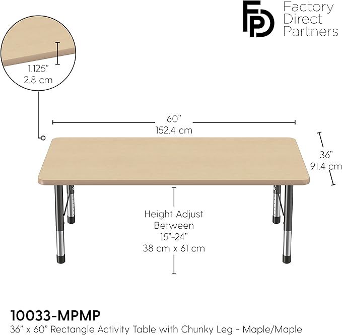 Factory Direct Partners FDP Rectangle Activity School and Classroom Kids Table (36 x 60 inch), Toddler Leg, Adjustable Height 15-24 inches - Maple Top and Maple Edge-Ruum Studio Home