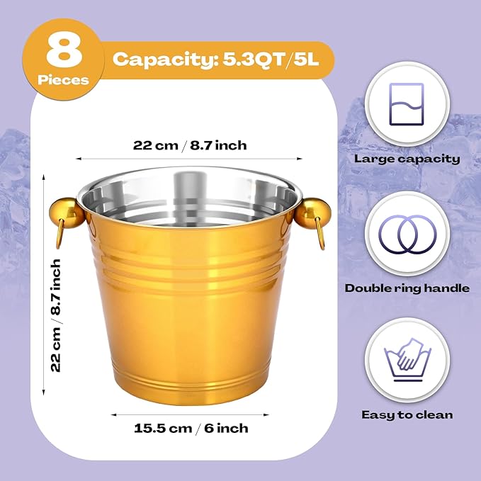 Amyhill 8 Pack Stainless Steel Ice Bucket 5.3 Quart/ 5 Liter with Handle Large Insulated Champagne Buckets Beer Bucket for Cocktail Bar Wine Parties Chilling Wine Champagne Home(Gold)-Ruum Studio Home