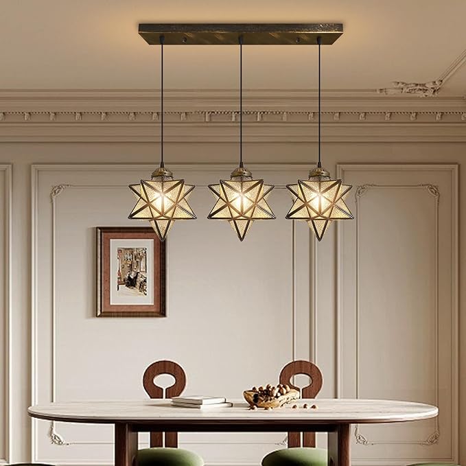 Glass Glam Chandelier 3 Lights Star Pendants Light Fixture for Dining Table Kitchen Island Modern Ceiling Hanging Lights Included LED Warm Light Bulbs Oiled Bronze-Ruum Studio Home