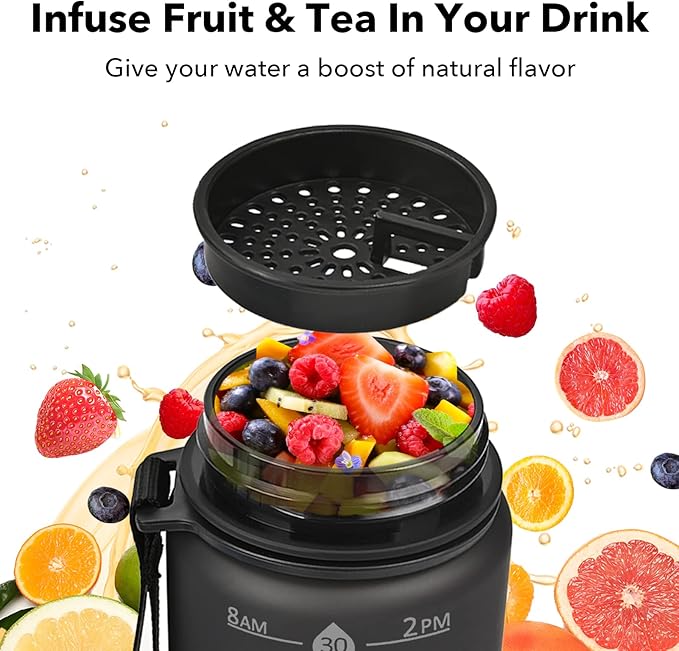 32oz Motivational Water Bottles with Time Marker & Fruit Strainer, Transparent Gradient Color Water Bottle with Times to Drink, Leakproof & BPA Free, Reusable Bottle with Strap (No Straw)-Ruum Studio Home