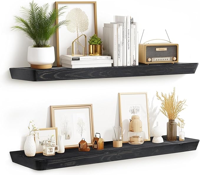 36"x6.8"x1.6" Slanted Floating Wall Shelves 2-Pack - Rustic Black Finish, Heavy-Duty Solid Wood Design with Hidden Brackets - Perfect for Living Room, Kitchen, Bathroom, or Office-Ruum Studio Home