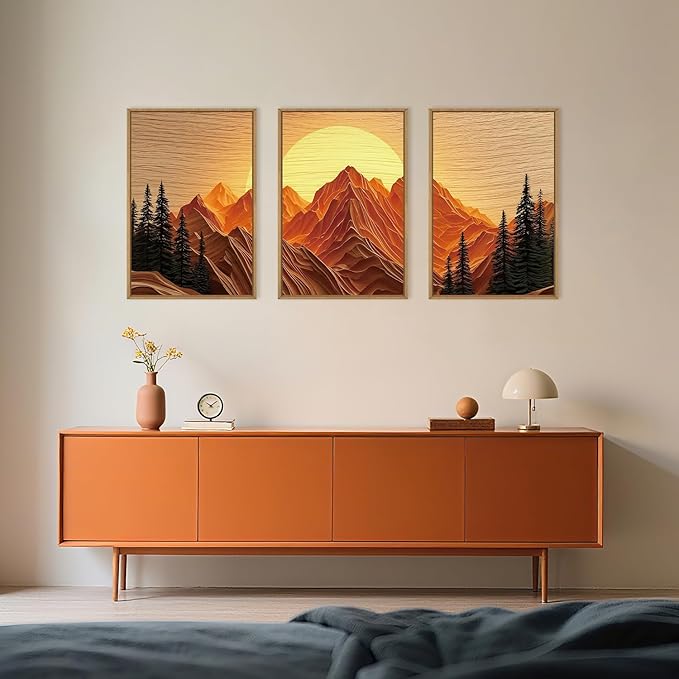 Large Mountain Framed Canvas Wall Art Set, Abstract Ridge Sun Painting, Boho Sunset Scenery Wall Decor,Modern Natural Landscape Art Print for Living Room,Bedroom,Office-16 x24 x3-Ruum Studio Home