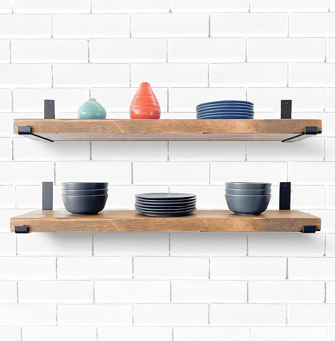 Rustic Shelves with J-Brackets Set of 2, Industrial Shelf, Kitchen Shelves, Solid Wood, Decorative Wall Storage, Heavy Duty, URBANDI (Brown, 24Wx8D)-Ruum Studio Home