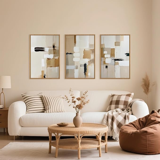 Large Abstract Beige Framed Canvas Wall Art Set, Neutral Textures Wall Decor, Warm Minimalist Shapes Wall Painting, Modern Neutral Art Prints for Living Room, Bedroom, Office - 16"X24"X3-Ruum Studio Home