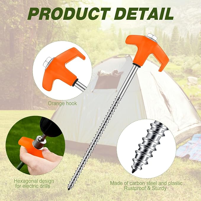 Hicarer 10 Pcs 20 Pcs 8'' Screw in Tent Stakes Heavy Duty Ground Metal Stakes for Inflatables with Hex Head Driver for Outdoor Camping Tent Inflatable Garden Decor (Orange)-Ruum Studio Home