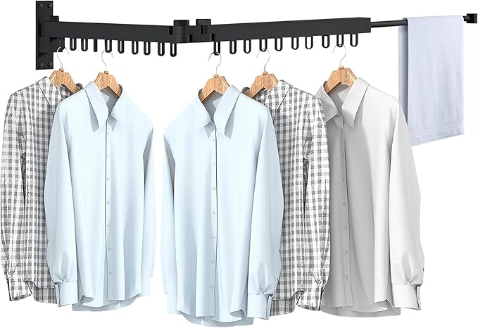 Bakala Clothes Drying Rack Foldable, Laundry Drying Rack Clothing Wall Mounted, Clothing Racks for Hanging Clothes, Heavy-duty Space Saving Hanger,Retractable,Expandable,Collapsible, 64" (Hooks,Black)-Ruum Studio Home