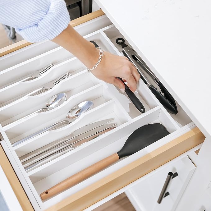 Premium Silverware, Flatware and Utensil Organizer for Kitchen Drawers, Food-Safe Contract Grade, Expandable from 14.5 to 25 In, White Bamboo-Ruum Studio Home