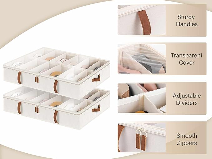 StorageWorks Shoe Organizer Under Bed for Closet, 2-Pack Ultra-thick Fabric Shoe Storage Containers with Bottom Support and Adjustable Dividers, Fits up to 24 Pairs, Beige-Ruum Studio Home