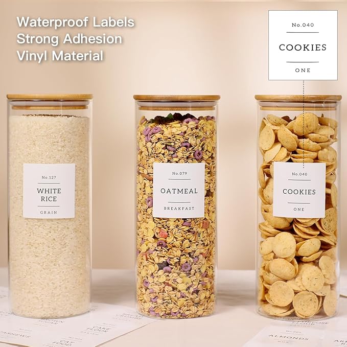 3 Pack Glass Jar with Airtight Bamboo Lid and White 132 Kichen Pantry Labels Preprinted - 56 Oz Clear Tall Glass Food Storage Containers set For Pasta Flour Cookie Rice-Ruum Studio Home