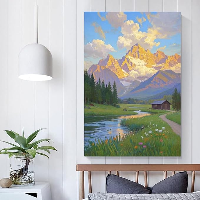 The mountain stream and lawn scenery under the sun is suitable for posting in the living room bedroom office landscape poster wall painting-Ruum Studio Home