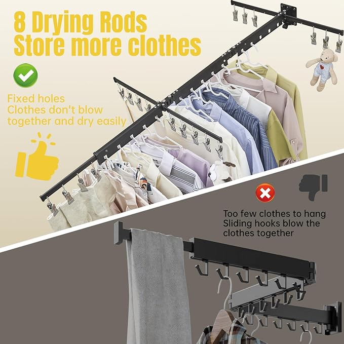 BESy Tri-Fold Foldable Clothes Drying Rack Retractable Hanging Collapsible Dryer Hanger Racks for Laundry Balcony Bathroom Space Saver Outdoor Indoor 20 Clips Aluminum Alloy Wall Mounted Matte Black-Ruum Studio Home
