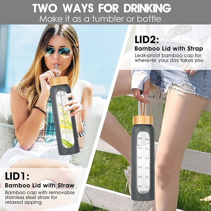32 oz Glass Water Bottle with Straw - Motivational Time Marker & Silicone Sleeve - Reusable Tumbler Includes 2 Bamboo Lids & Fruit Infuser - 1 Pack-Ruum Studio Home