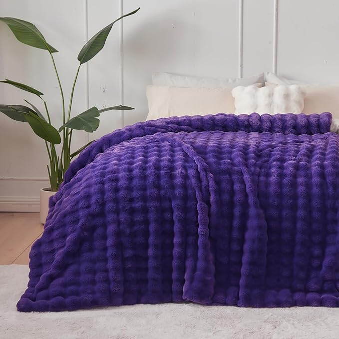 NEWCOSPLAY Faux Fur Twin Blanket Purple Bubble Blanket Thick Warm Soft for Couch Sofa Bed 550GSM (Purple, Twin(60"x80"))-Ruum Studio Home