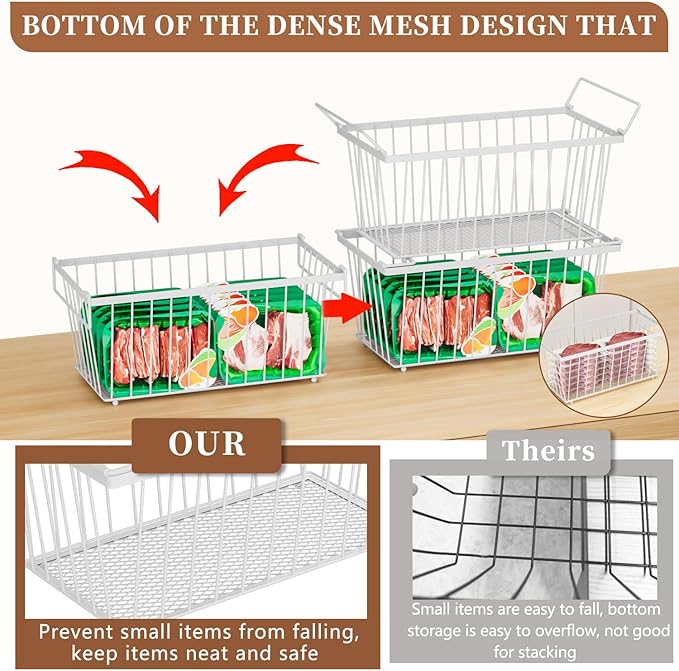 3 Pack Stackable Deep Freezer Organizer Bins ，Upgraded Bottom Leak-Proof net，Encryption and Hardening ， Freezer Organizer Bins for 5 to 9 Cu.FT Small Chest Freezer， Easy Get Bottom Foods-Ruum Studio Home