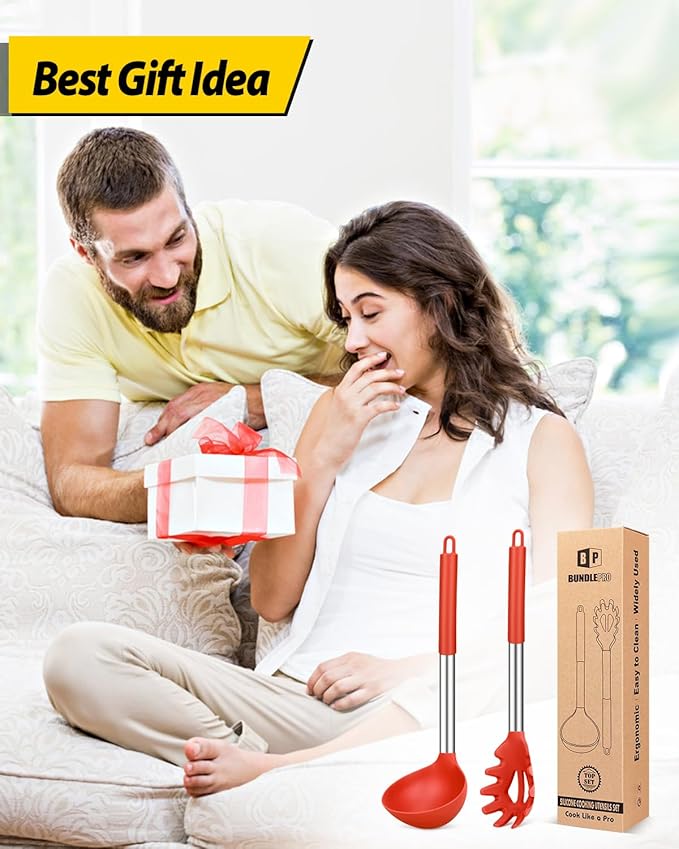 Silicone Pasta Fork and Ladle Spoon Set, Large Non Stick Kitchen Utensils for Cooking,Stirring,Serving Spaghetti, Soup, Sauce (RED)-Ruum Studio Home