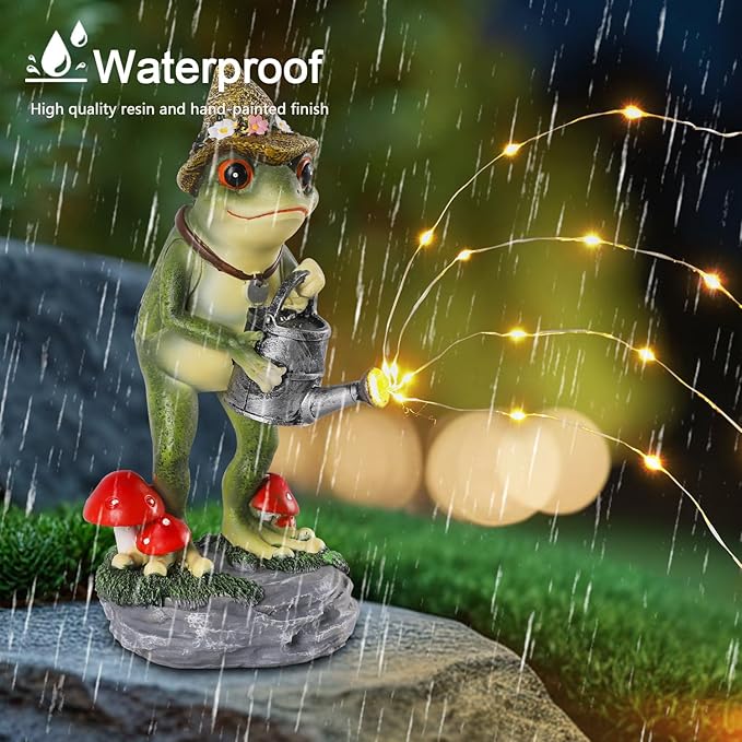 Solar Frog Statue for Garden with Watering Can Light 8.8" Resin Frog Figurine Outdoor Patio Porch Yard Decor Unique Birthday Housewarming Gifts for Women Mom Grandma Wife Sister-Ruum Studio Home