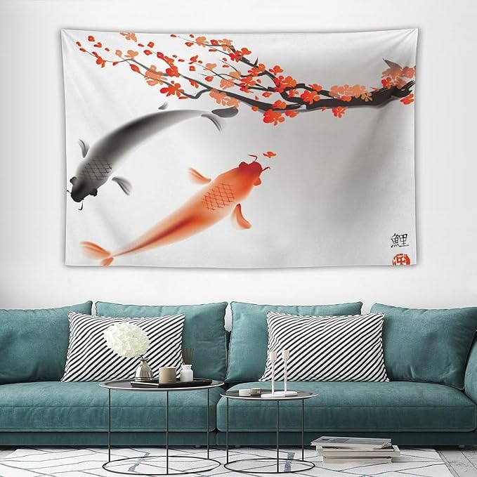 Japanese Koi Fish Tapestry, Cherry Blossoms Asian Oriental Flower Branch Koi Fish Carp Tapestries Wall Hanging for Bedroom Living Room Office Decor 60"x40"-Ruum Studio Home