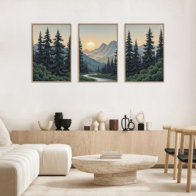 HLNIUC Mountain Forest Sun Framed Wall Art,Large Boho Pine Tree Canvas Wall Decor Set of 3(16”x24”)Ridge Mountain Landscape Picture Prints,Natural Sunset Woodland Wall Painting for Living Room,Bedroom-Ruum Studio Home