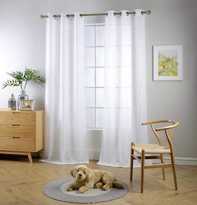 MIUCO White Sheer Curtains Poly Linen Textured Solid Grommet Curtains 95 Inches Long for French Doors 2 Panels (2 x 37 Wide x 95" Long) White-Ruum Studio Home